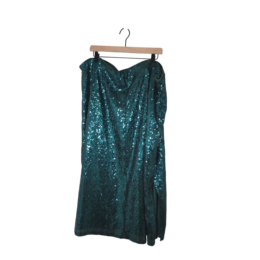 ELOQUII 28 Green Sequin Maxi Skirt Pull On Elastic Waist Side Slit Lined